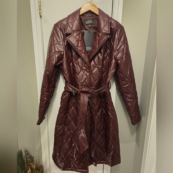 Badgley Mischka Yolanda Wine Diamond Embossed Faux Leather Trench Coat Xl - Picture 6 of 12